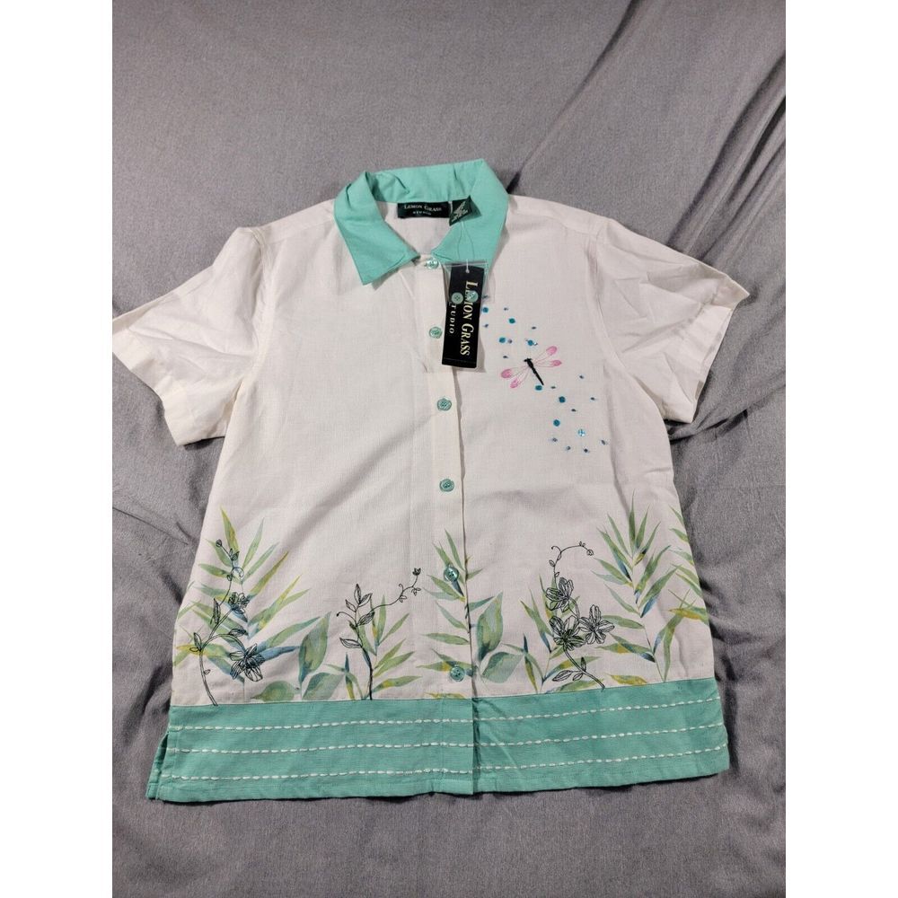 NEW Lemon Grass Dragonfly‎ Floral  Embroidered Button Up Top Small Linen Blend